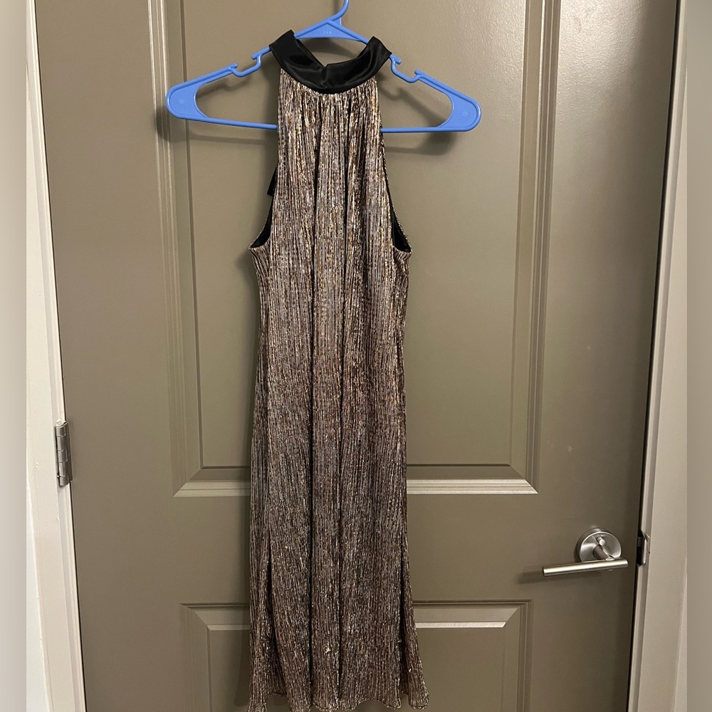 Gold Shimmery Laundry by Shelli Segal dress with silk black bow